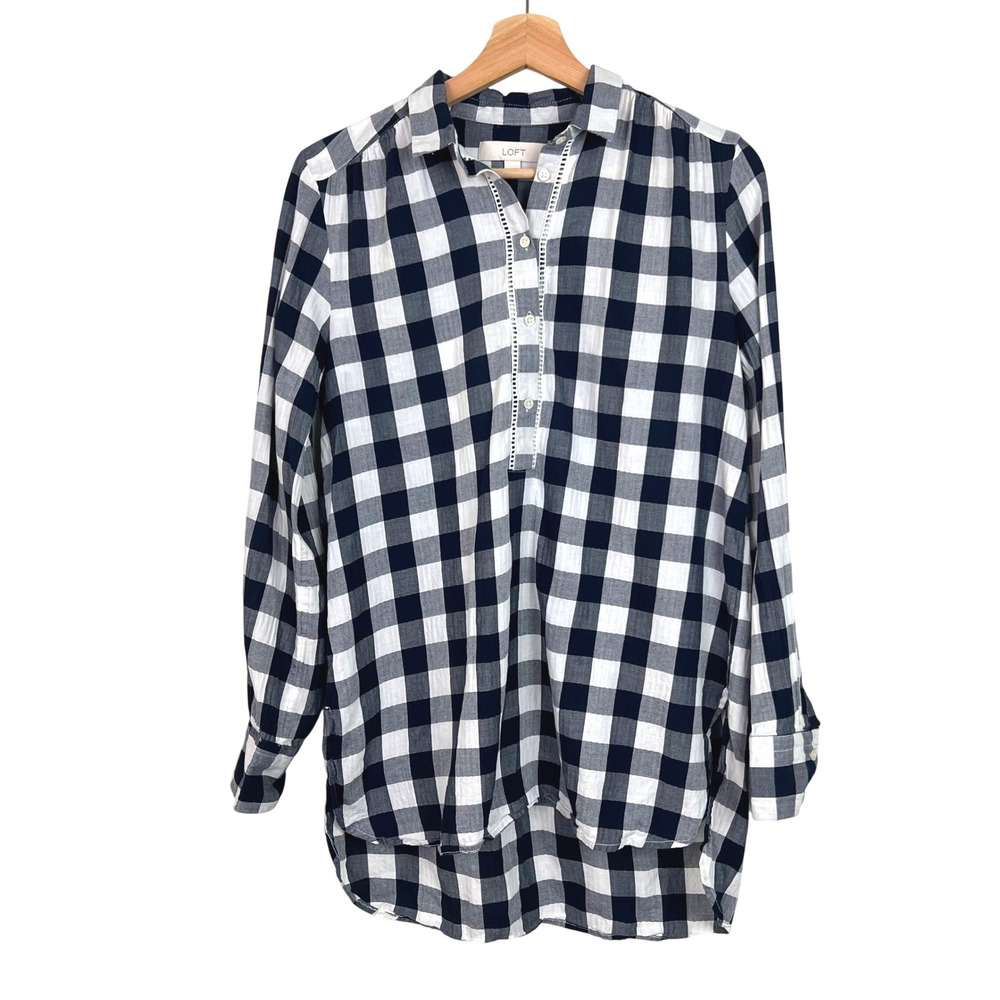 LOFT Womens Navy Blue White Gingham Check Cotton Tunic Popover Shirt Size Small